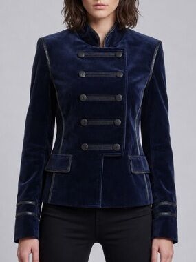 Bloomingdale’s Velvet Military-Style Jacket 12 Navy Double Breasted Vintage RARE